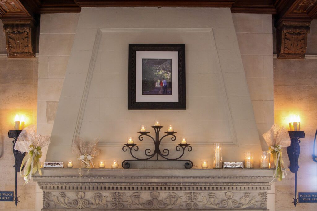 candlelit fireplace reception details at Powel Crosley Estate Sarasota