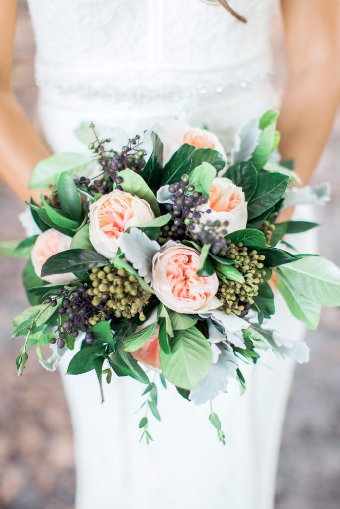 Bridal bouquet with peach roses and greenery at Museum of Fine Arts wedding