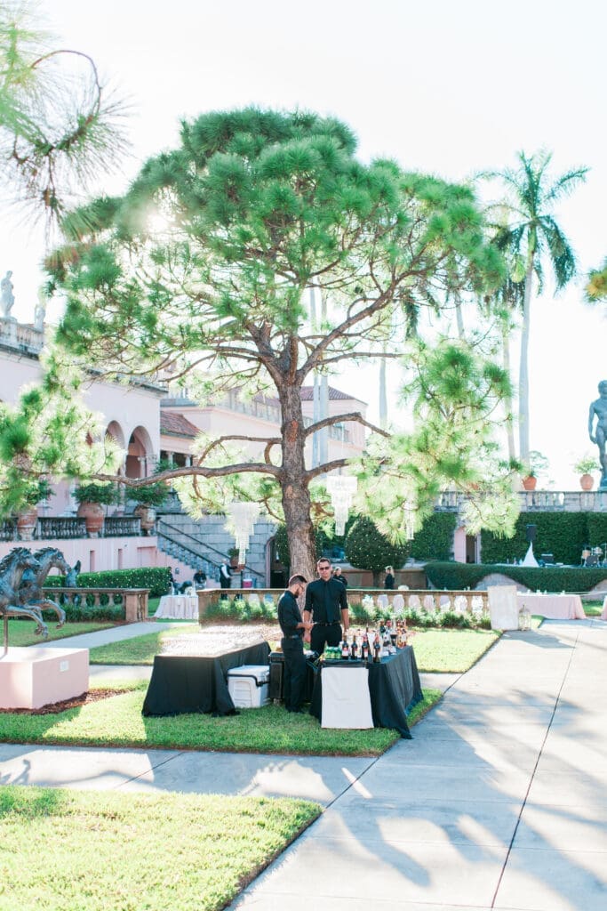 Outdoor wedding reception setup beneath palm trees at The Ringling Museum in Sarasota