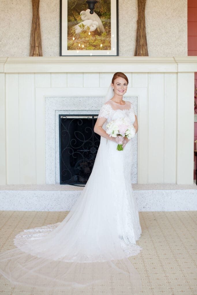 Full length bridal portrait inside Colleton River Club wedding venue