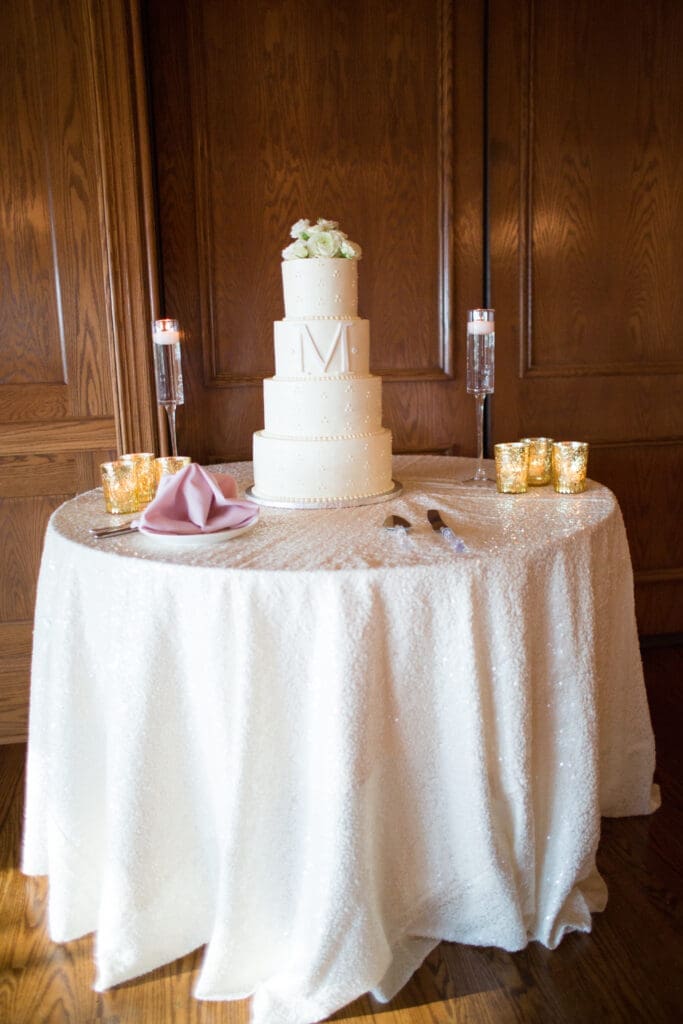 Wedding cake display during Hilton Head wedding reception