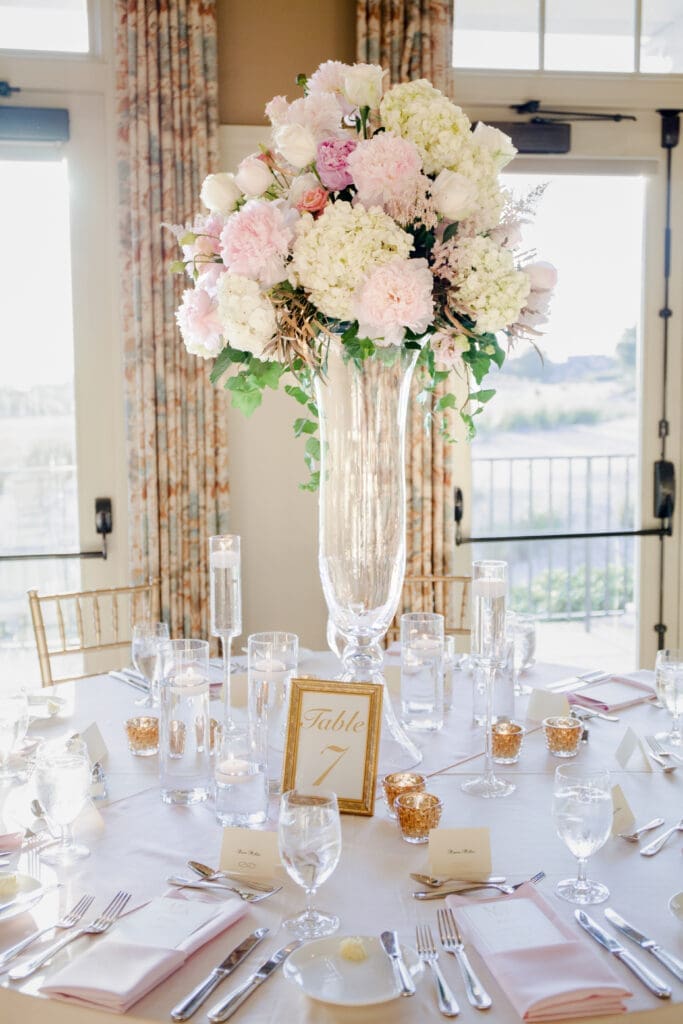 Reception table flowers during elegant Southern wedding reception