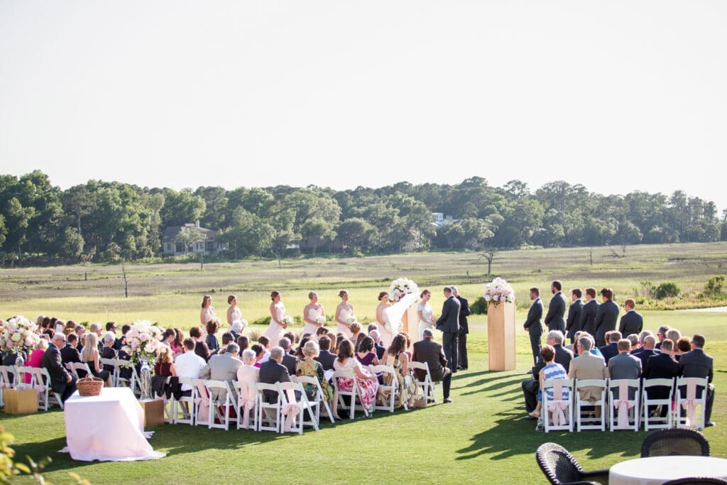 Wide view of waterfront ceremony at Hilton Head wedding venue