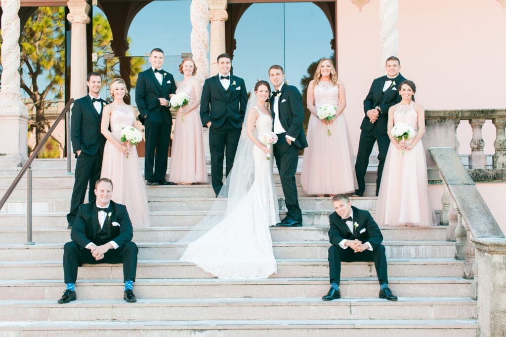 Bridal Party on the steps of the Ringling Courtyard 